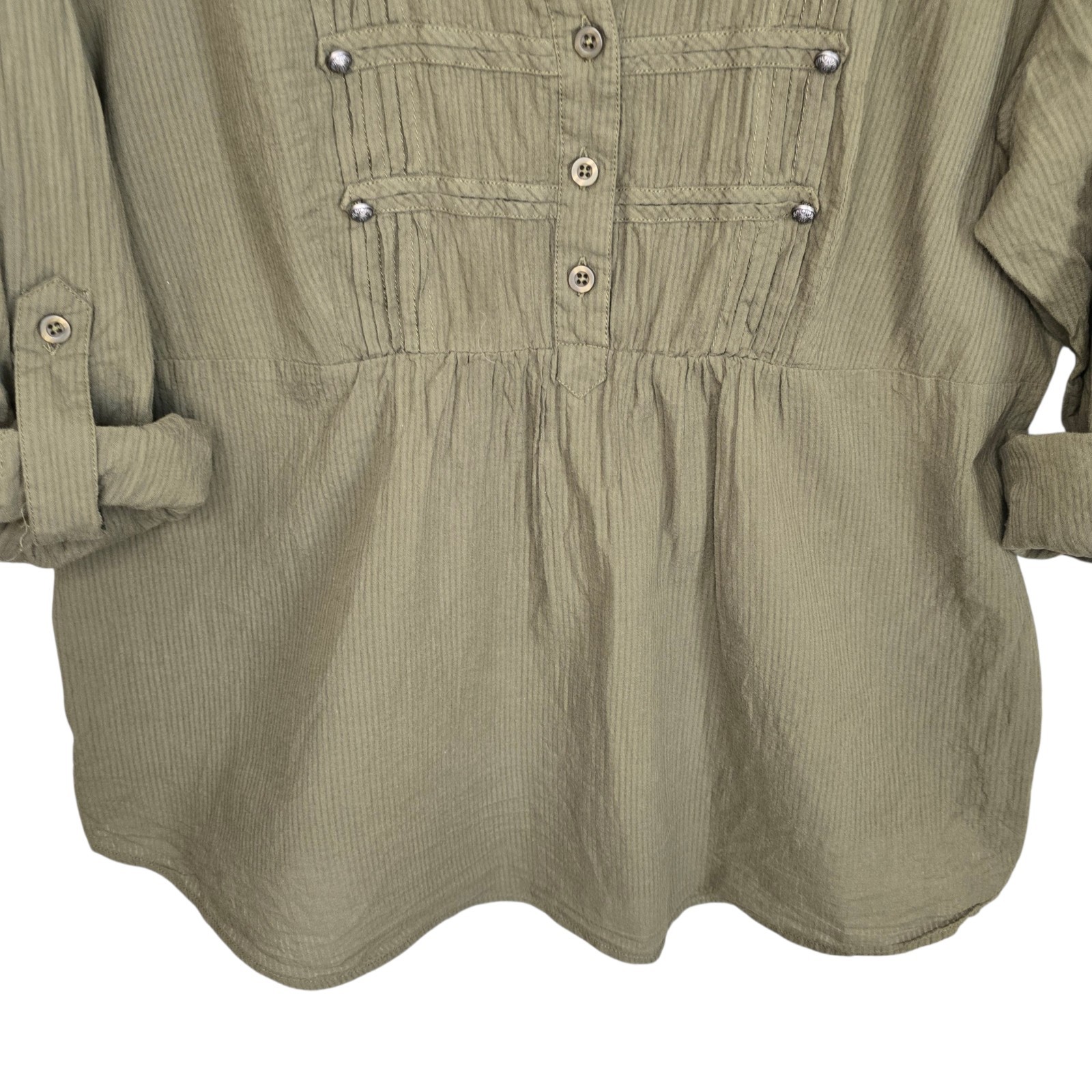 Torrid Top Womens 0 US Large Green Popover Blouse Roll Tab Sleeve Casual Cotton