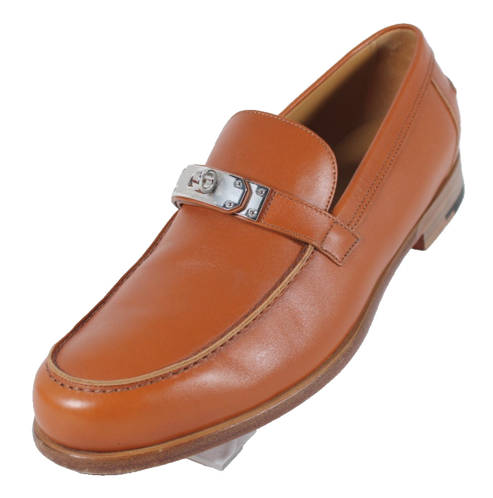 HERMES Naturel Brown Leather Kelly Buckle Men’s DESTIN Loafer Dress Shoes 43