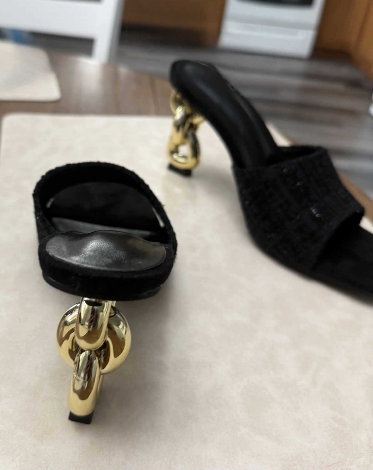 Women’s Black Slide Mule Sandals Gold Chain Accent Synthetic Upper EU 37