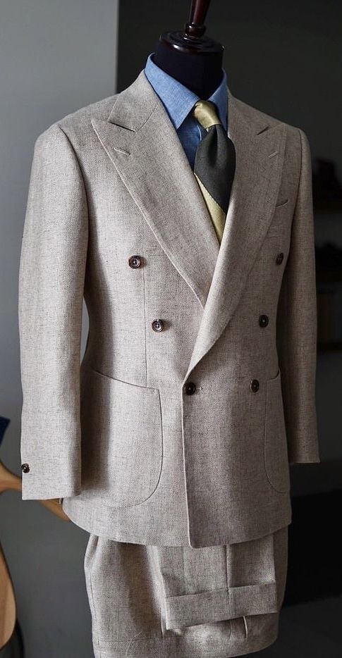 Double Breasted Linen Men’s Suits 2PCS Peak Lapel Wedding Groom Blazer Tuxedos