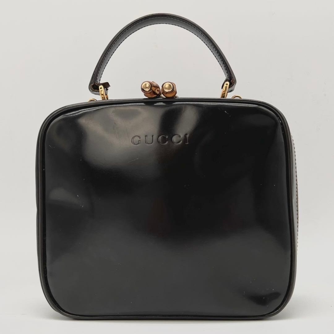 GUCCI Bamboo 2-way Vanity Bag Hand Bag Shoulder Bag Patent Leather Brown