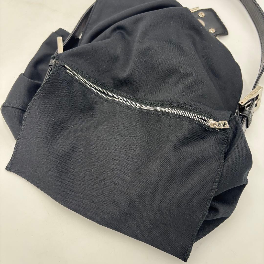 FENDI Mamma Baguette 26325 Shoulder Bag Black Leather Cotton Jersey