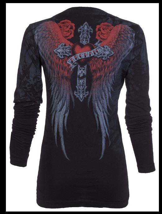 ARCHAIC by AFFLICTION Black HEART STRUCK Sinful Womens Long Sleeve T-shirt NWT