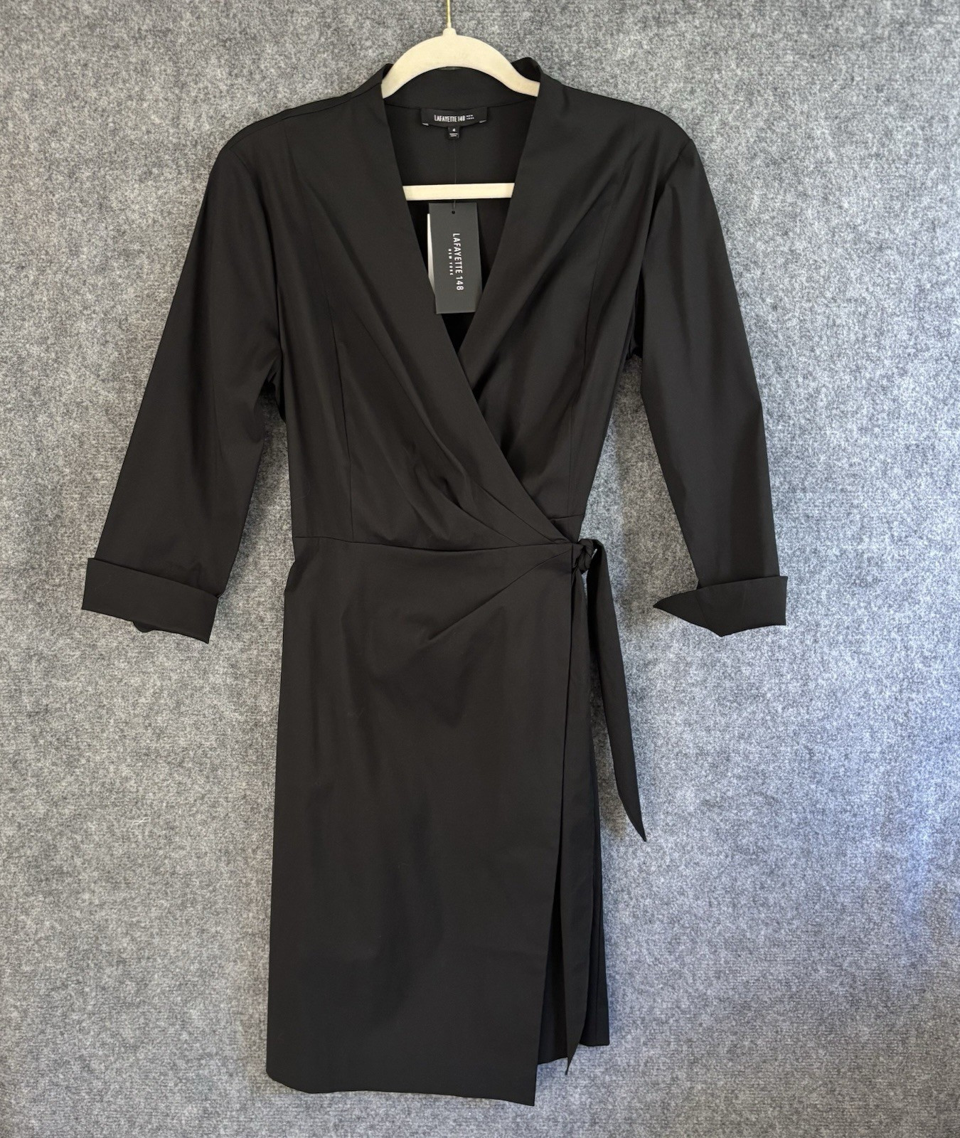 NEW Lafayette 148 NY Dress Women’s 4 Black Wrap Dress 3/4 Sleeves Above Knee