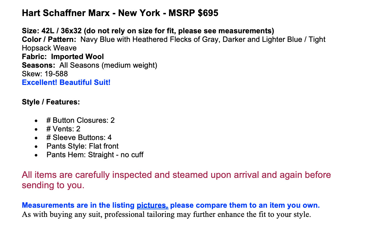Hart Schaffner Marx New York 42L 36×32 Navy Blue Heathered Hopsack Suit