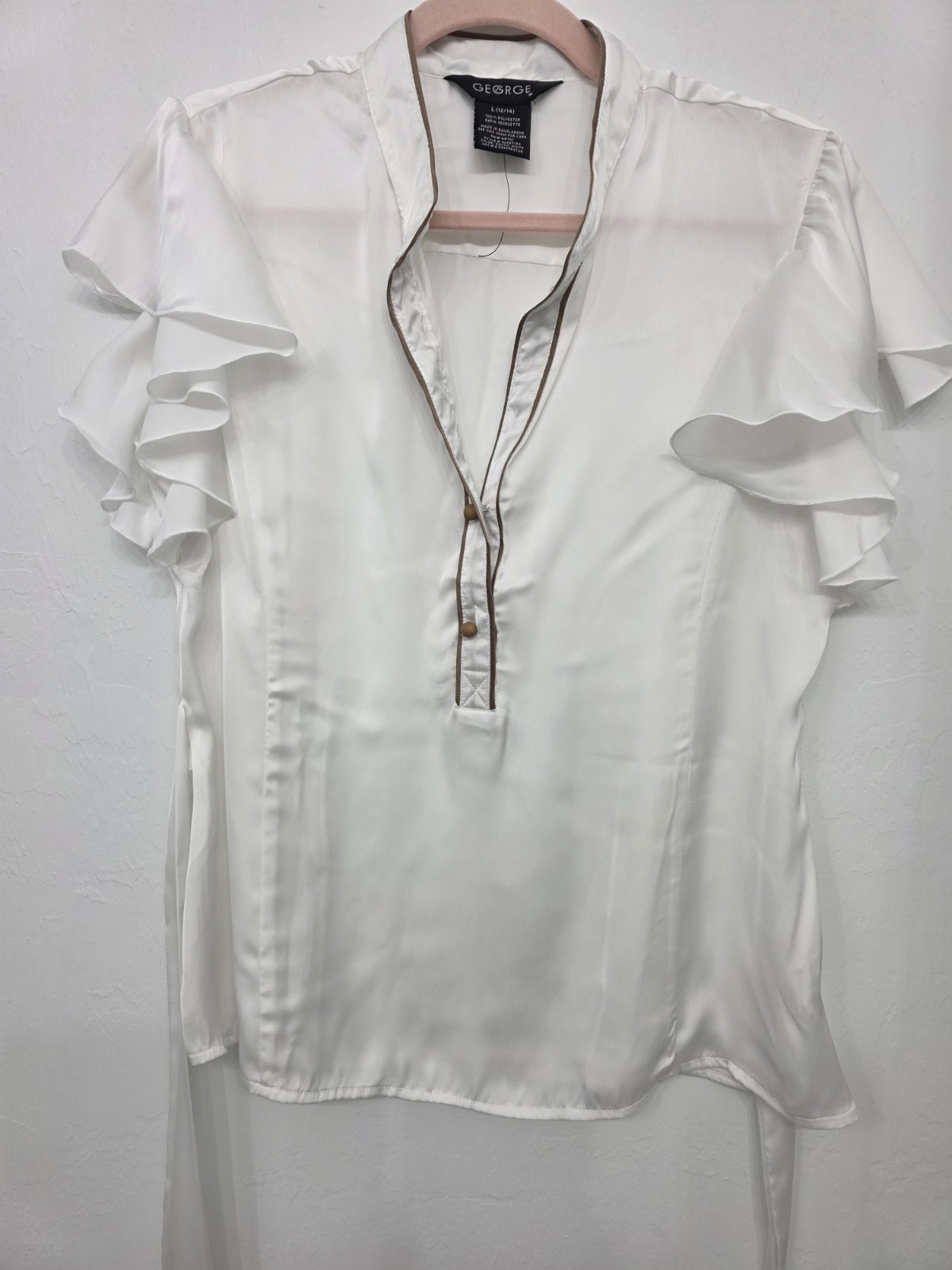George White Polyester Georgette Button V-Neck Ruffle Sleeve Blouse L (12/14)