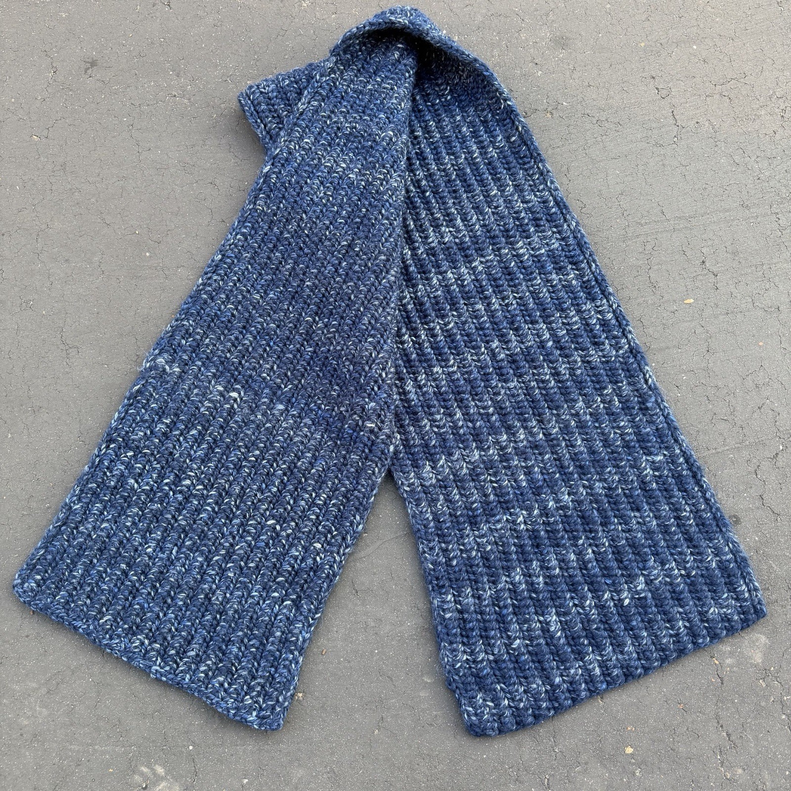 Crocheted Knit Scarf Dark Blue Handmade – 80″ Long Fall Winter Unique Design