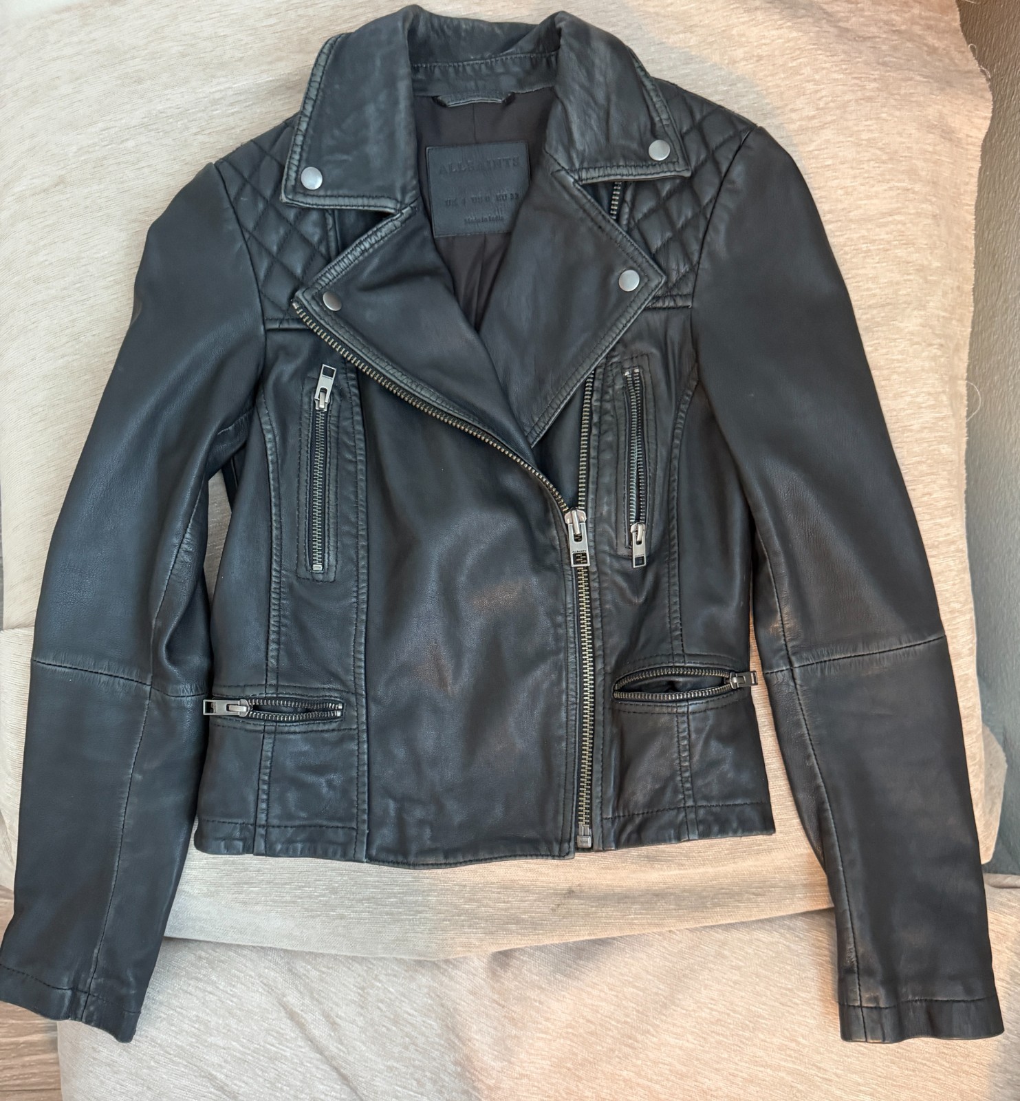 AllSaints Cargo Biker Black Leather Moto Jacket Women US 0 Distressed
