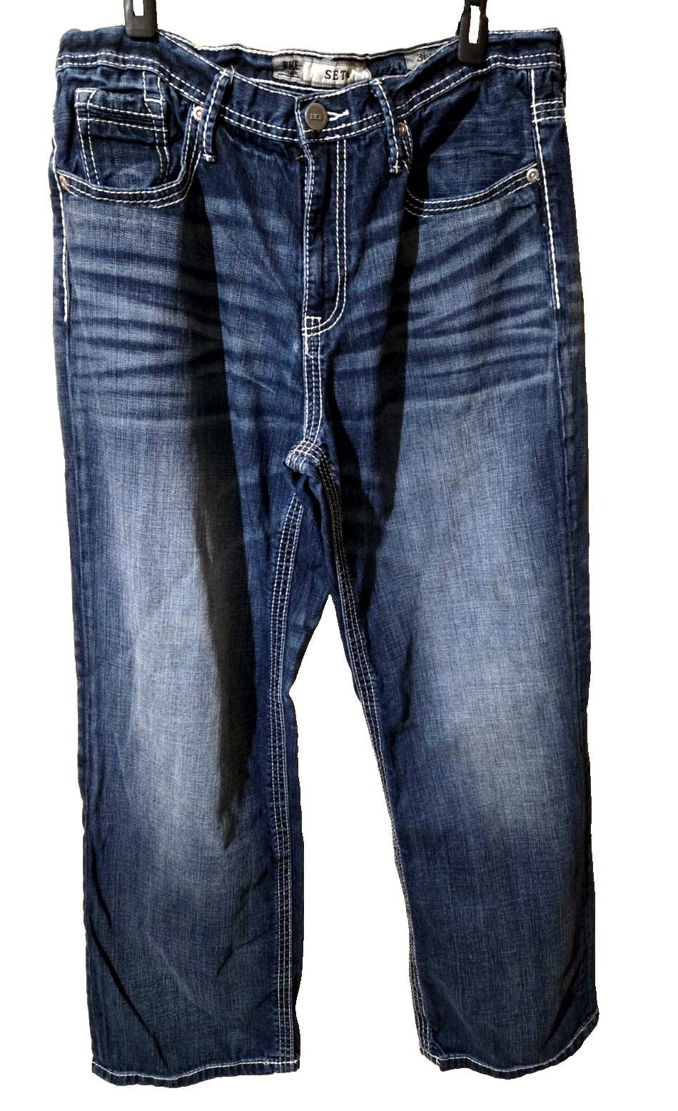 BKE Seth Jeans Mens 36R Denim Bootcut Whisker Thick Stitch Western 100% Cotton