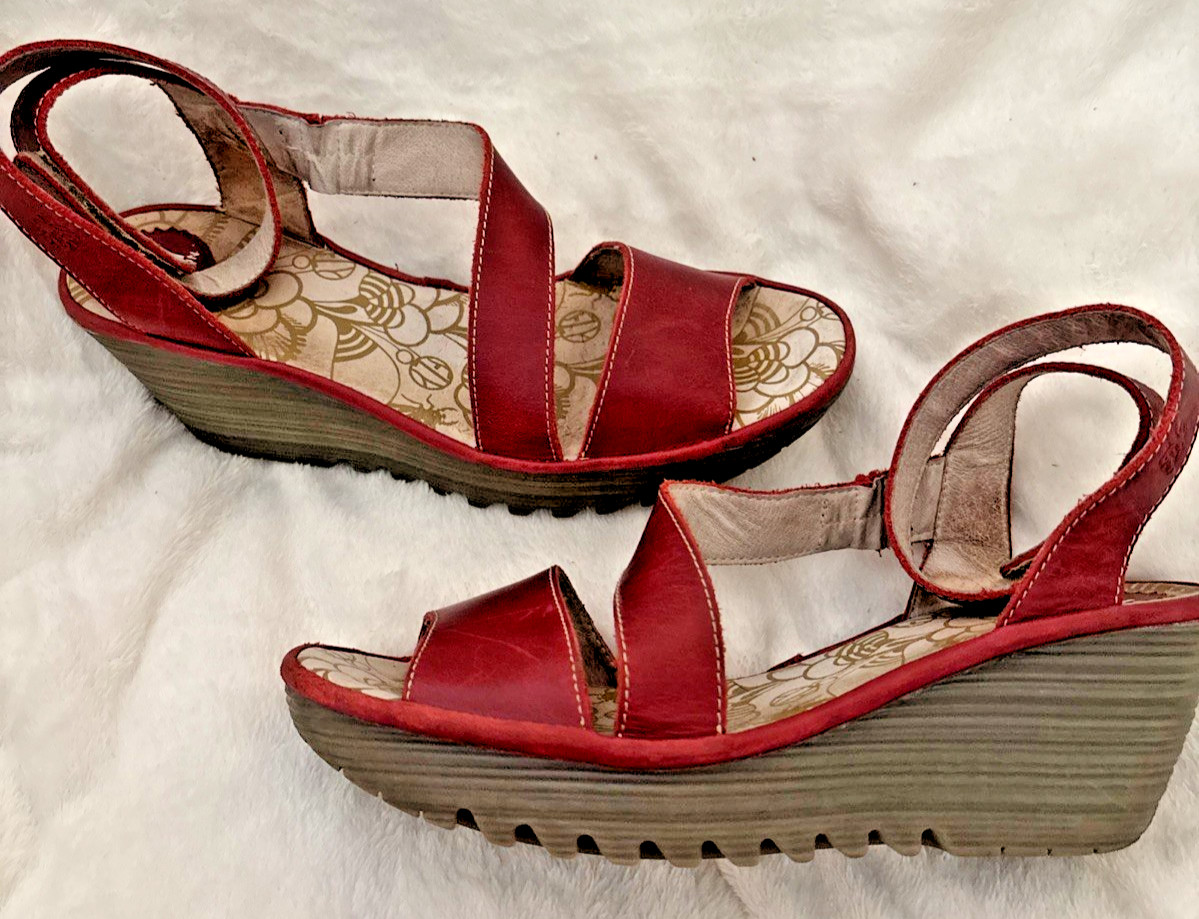 Fly London Yesk Ankle Wrap Sandals EU 40 US 9/9.5 Red Leather