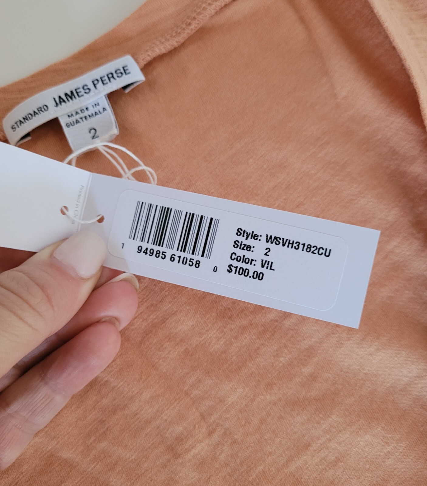 Standard James Perse Womens T-Shirt Deep U-Neck Villa Size 2(M) Peach Tee NEW