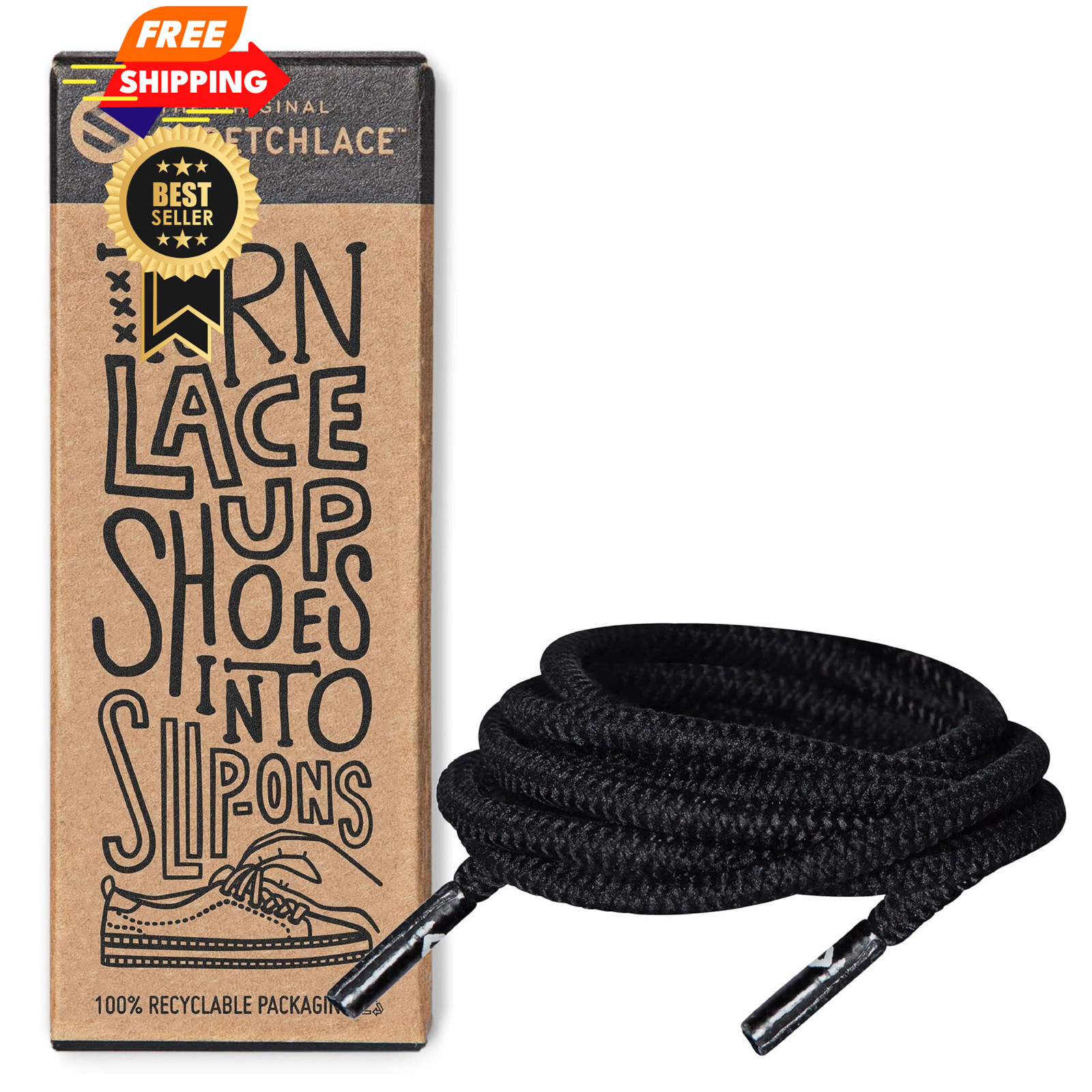 THE ORIGINAL STRETCHLACE Round Elastic Shoelaces – 40″ Inches (101 cm), Black