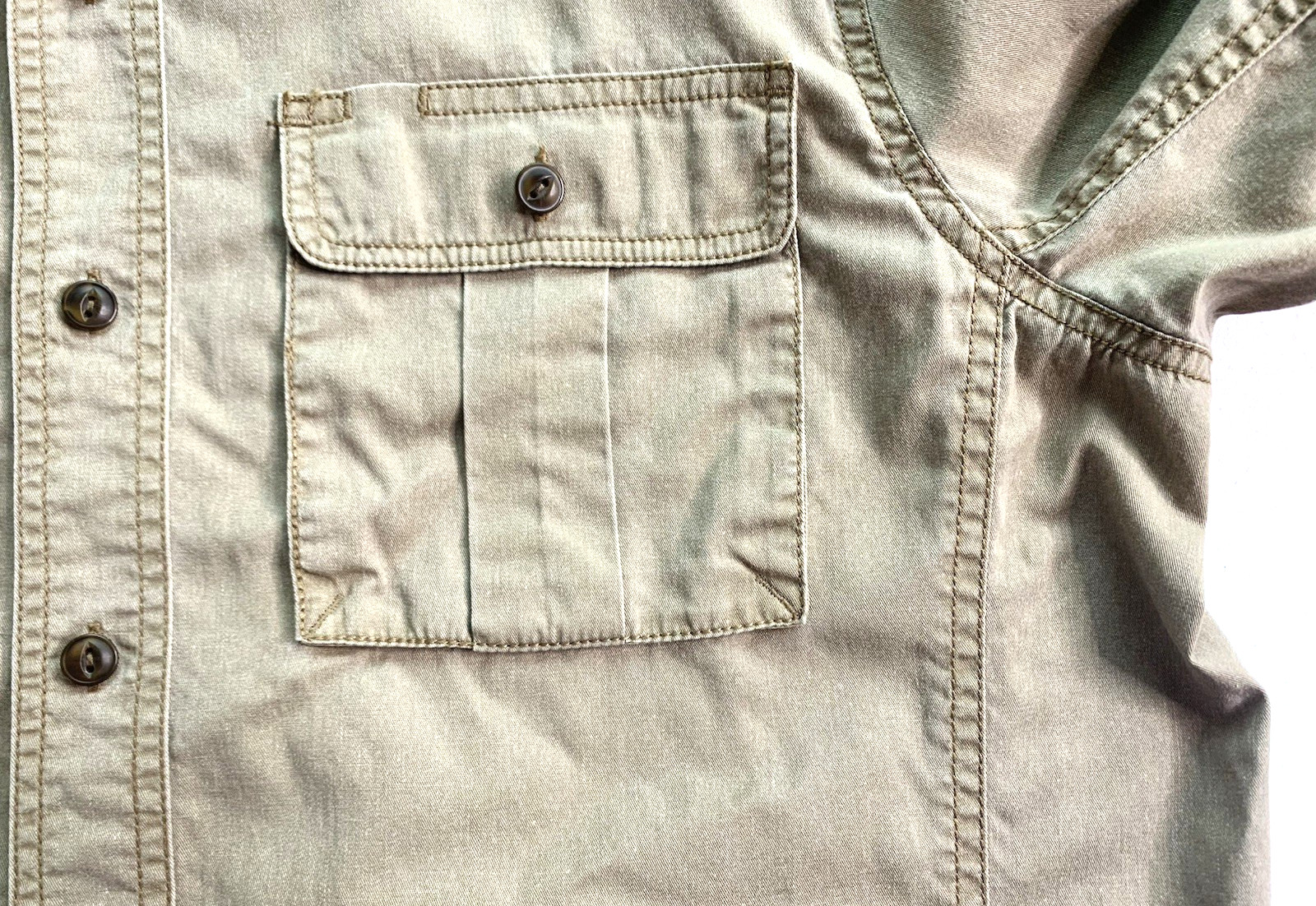 LL Bean Signature Men L Khaki Shirt Work Hunt Quilted Shoulder Slim Fit Safari