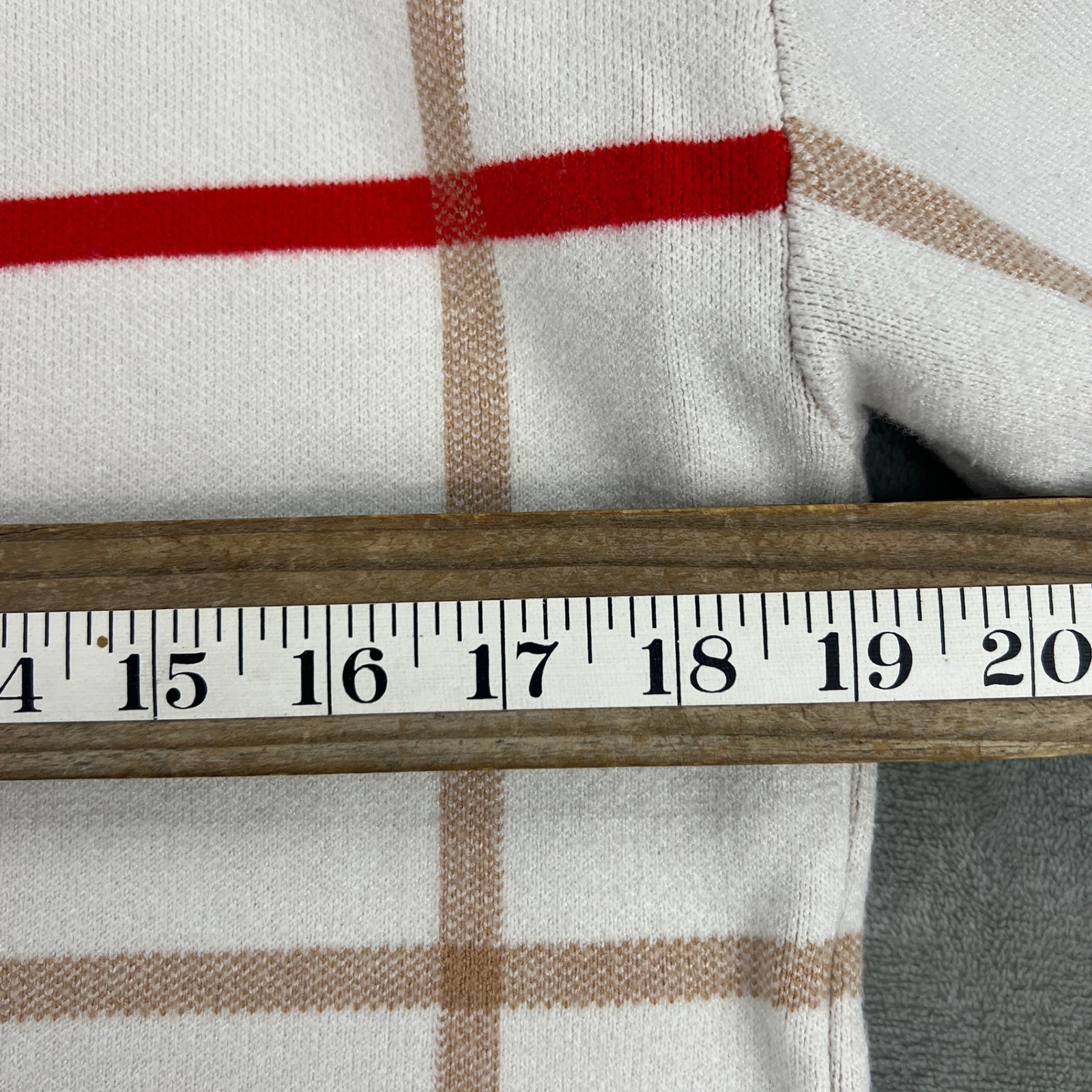 Tahari Women White Windowpane Plaid Button Back Knit Sweater Red Tan Small