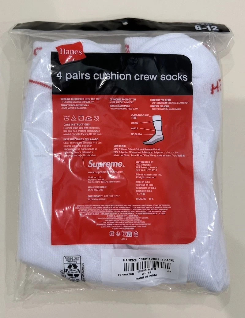 Pack of 4 Supreme Hanes White Crew Socks Unisex Size 6-12 Sealed Brand New Tags