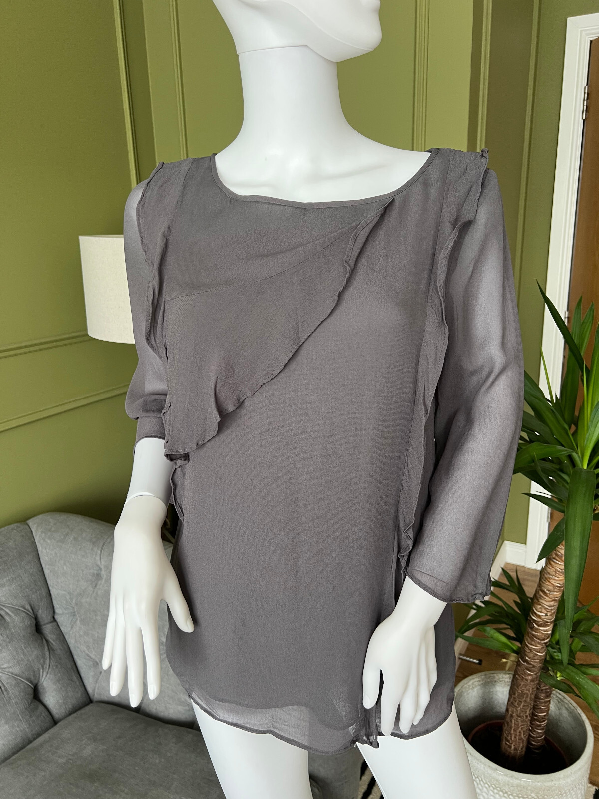 Mint Velvet Top Blouse Ash Grey Chiffon Frill detail lined top UK 10