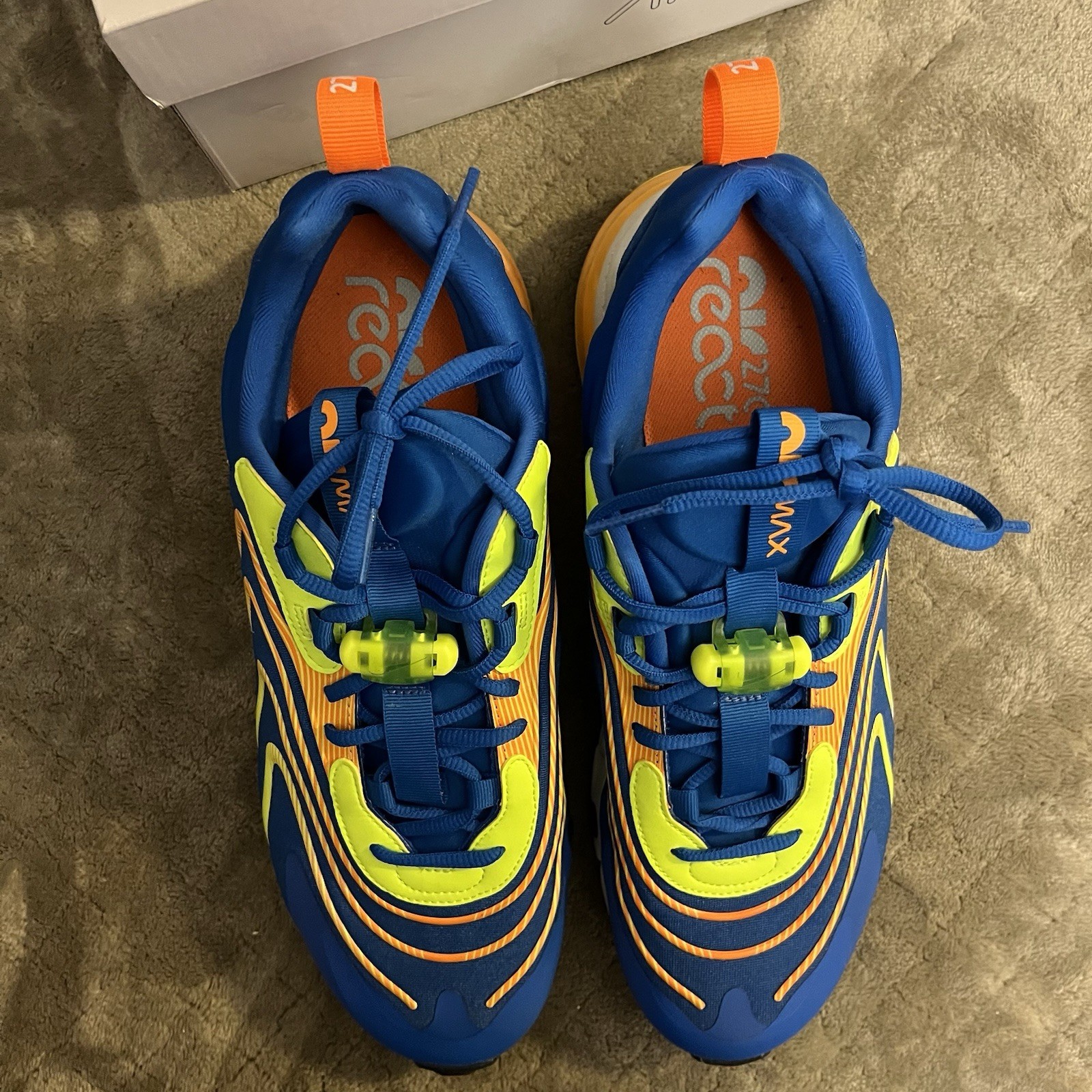 Size 11 – Nike Air Max 270 React ENG Blue w electric yellow & orange