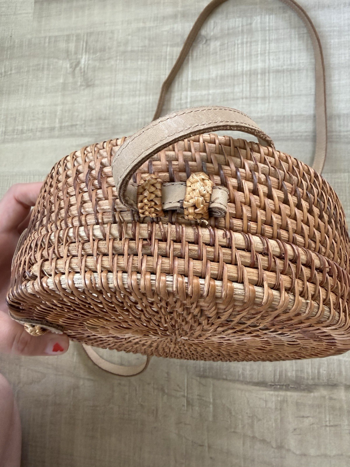 Round Crossbody Bag Brown Snap Closure Detachable Strap Floral Lined