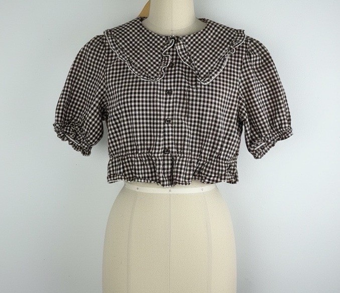Hesperus Brown Gingham Peter Pan Collar Crop Blouse Ruffle Cotton Women’s S