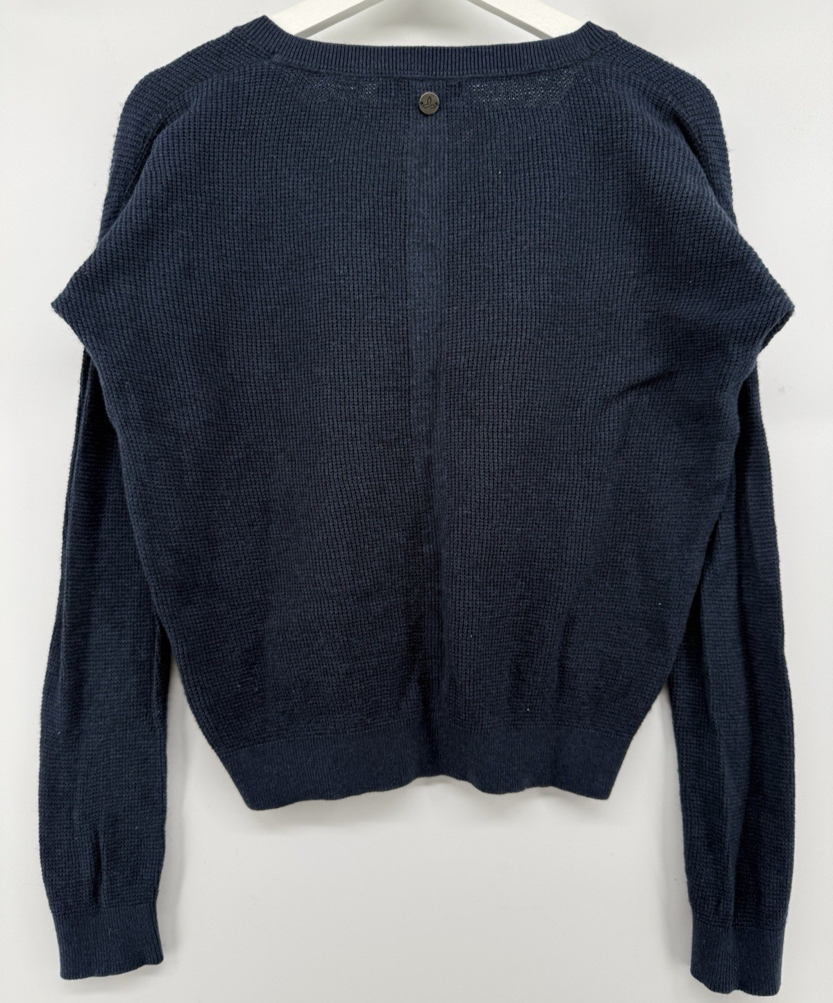 Prana Womens Medium Blue Waffle Knit Cropped V Neck Sweater Shirt