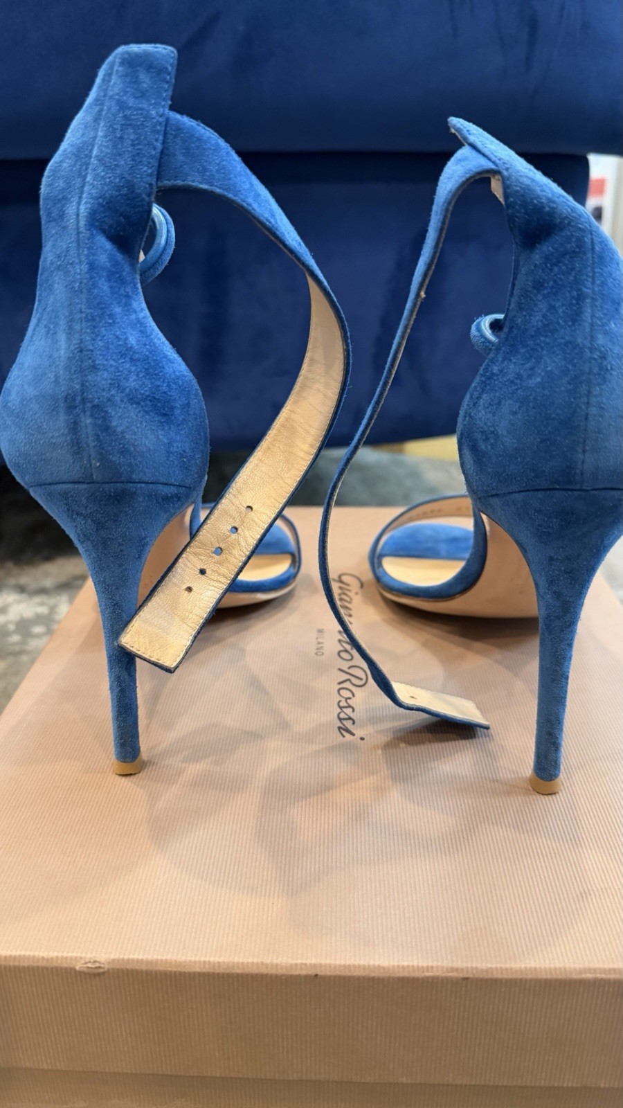 Gianvito Rossi Blue Suede Ankle Strap Heels – 39.5