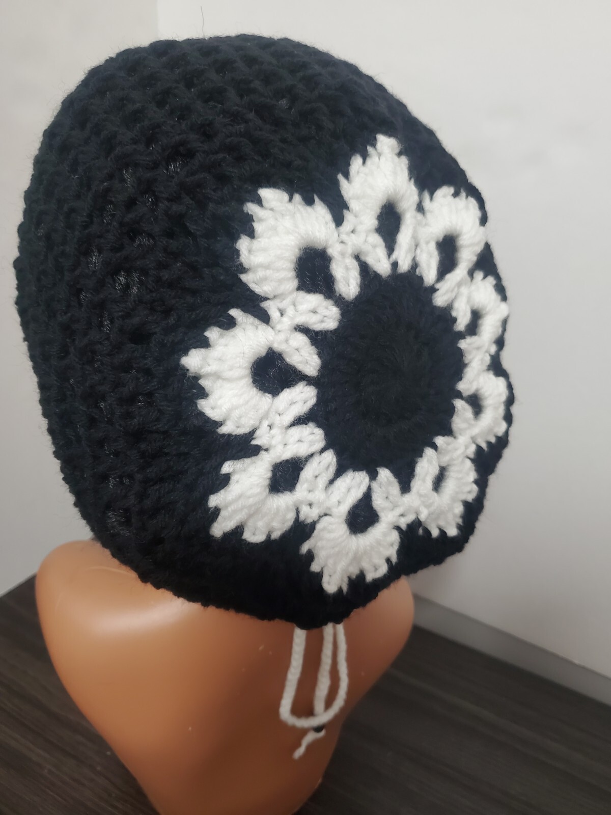 Black And White Crochet Flower Tam Slouch Hat With Drawstring Handmade One Size
