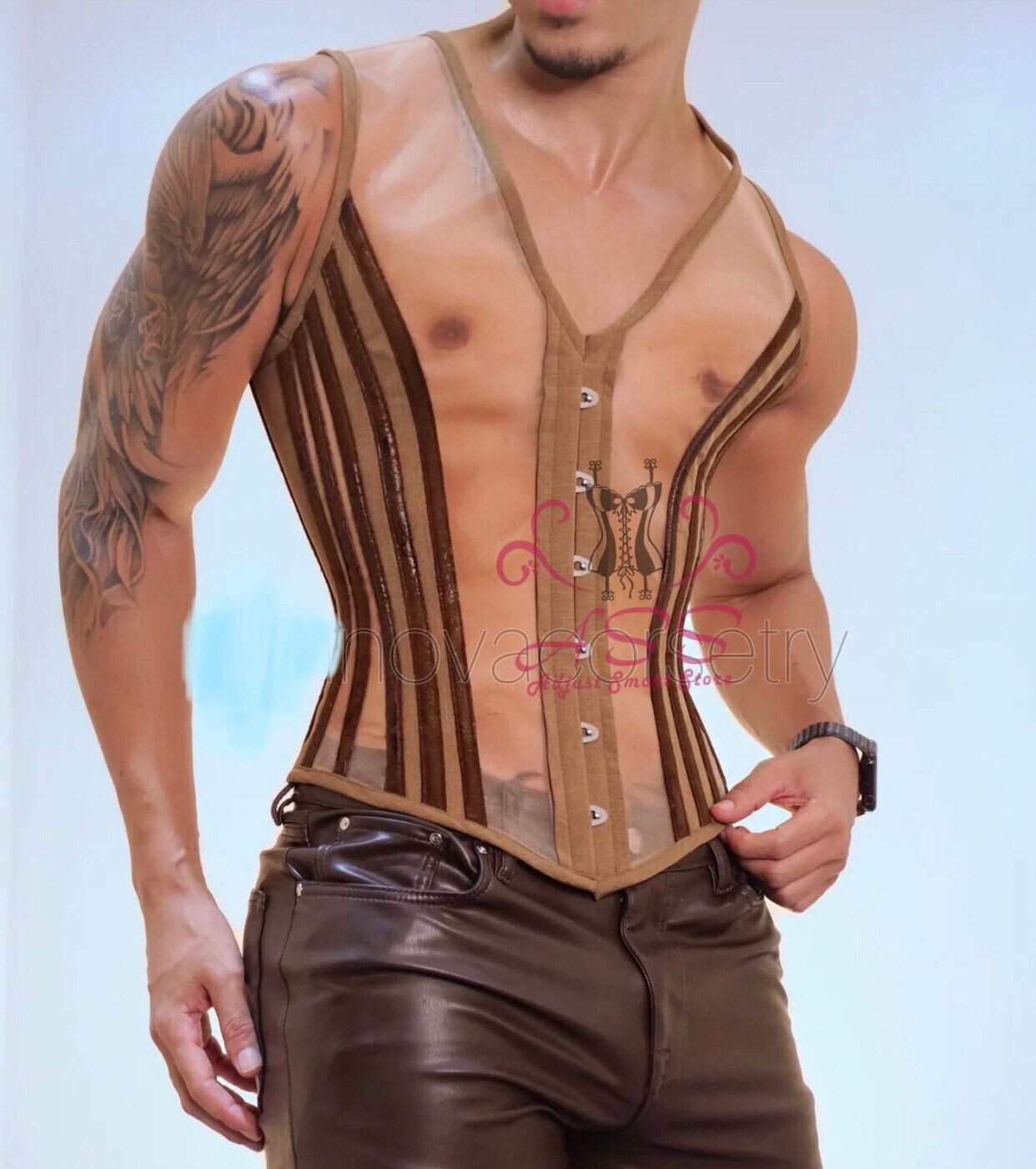 Men Corset Vest Shaping Tight Vintage MESH Waistcoat WIth Pant_ Transparent Vest
