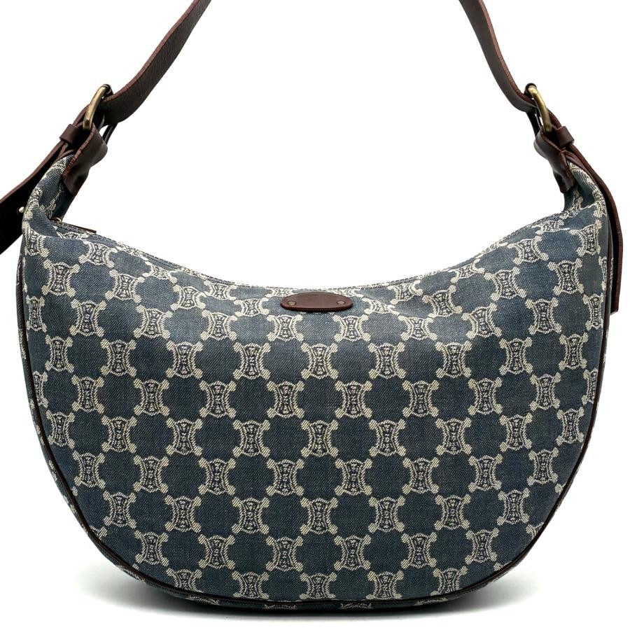 CELINE Paris Macadam Half Moon Denim Leather Shoulder Bag Blue Brown Auth