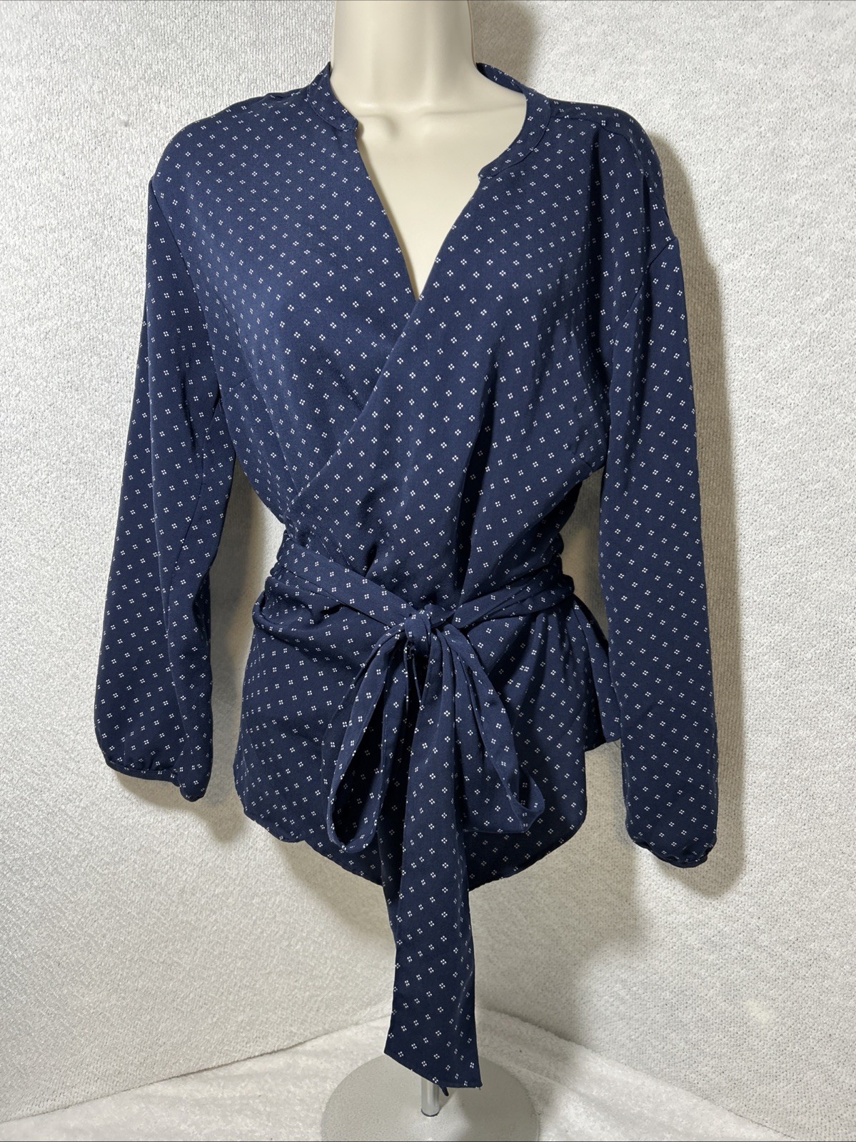 J Crew Women’s Sz S Navy & Wht Wrap Long Sleeve Blouse Waist Tie Whimsy Teacher