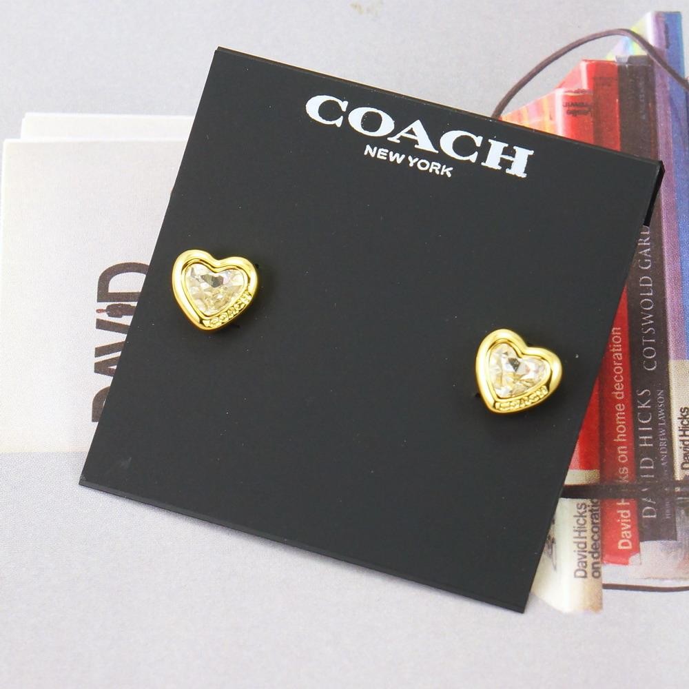 NWT Coach Stone Heart Stud Earrings Clear Gold Tone