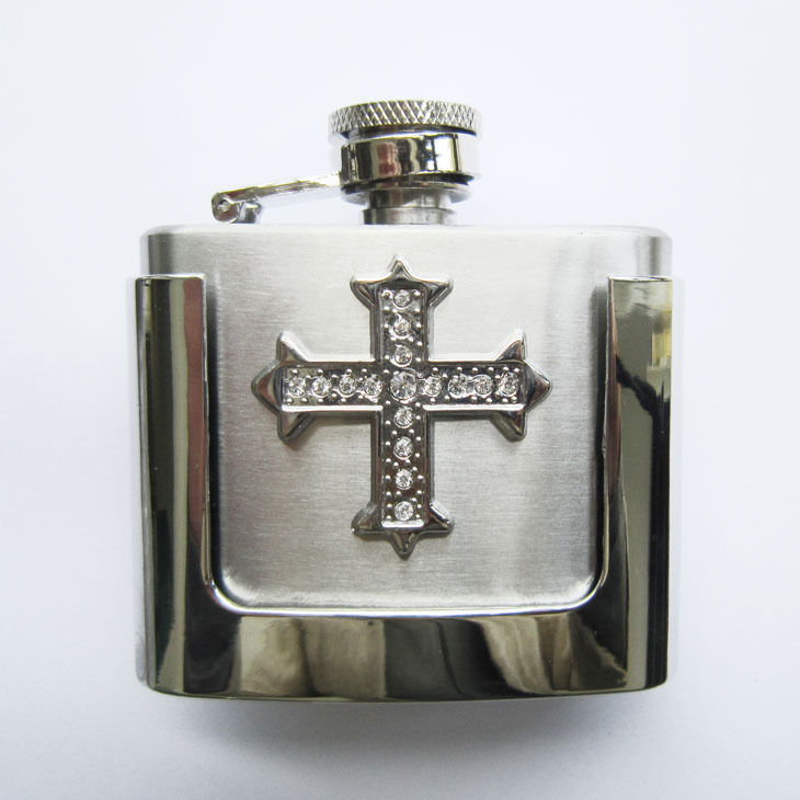 2 oz. Flask Cross Western Metal Removable Belt Buckle Alcohol Drink