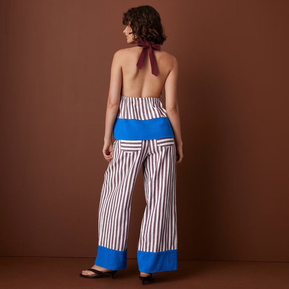 Women Halter Striped Babydoll Top – Rosie Assoulin Burgundy/Blue M