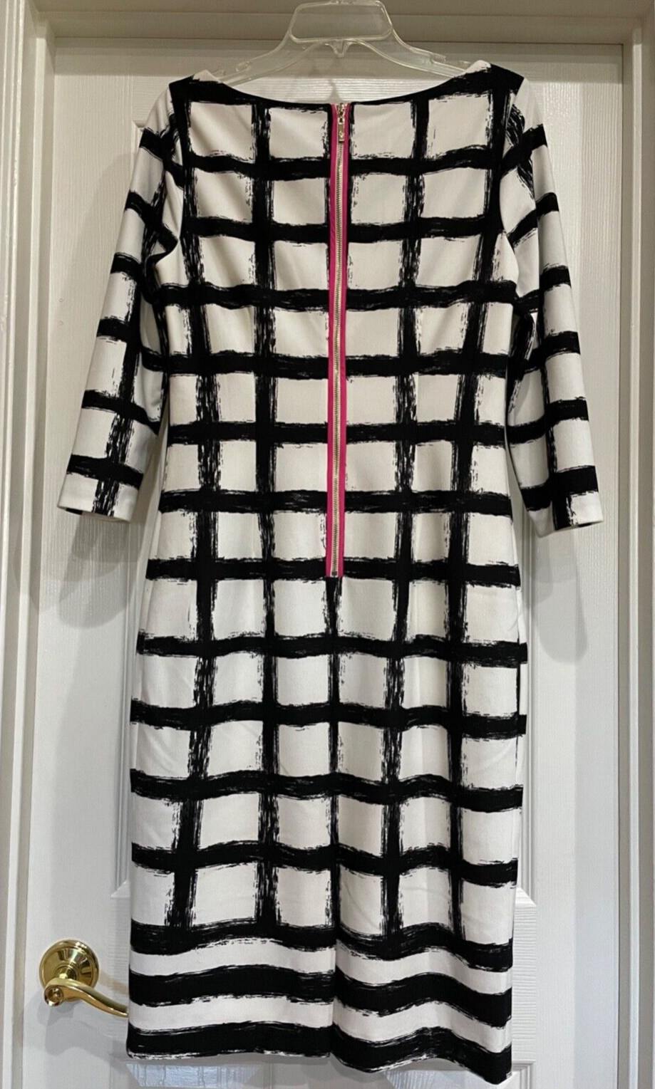 ELIZA J Dress-White Polyester Knit Sheath, 3/4 Sleeve, Black Grid, Lined, Size 8