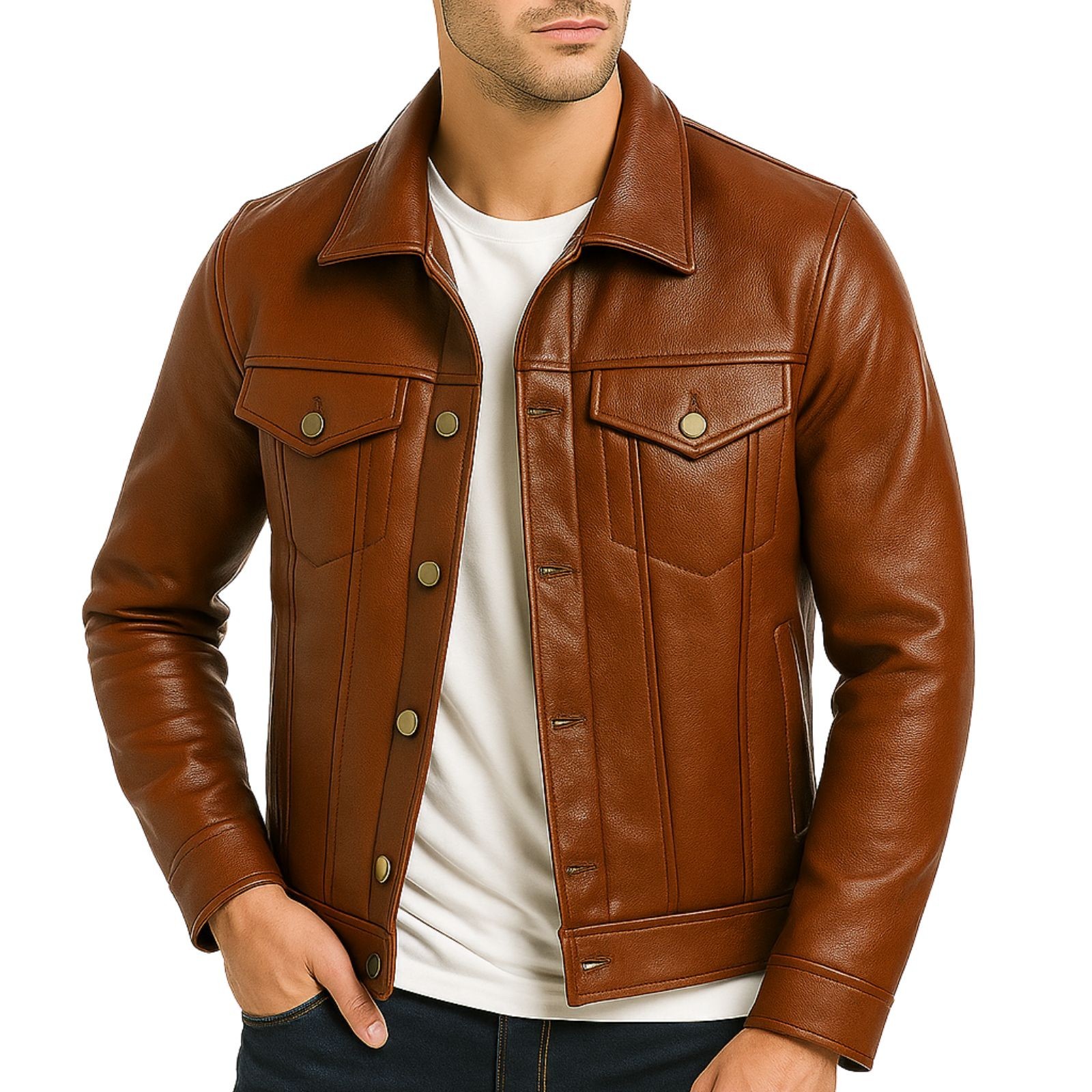 Men’s Genuine Leather Trucker Jacket Button-Up Classic Western Style Coat