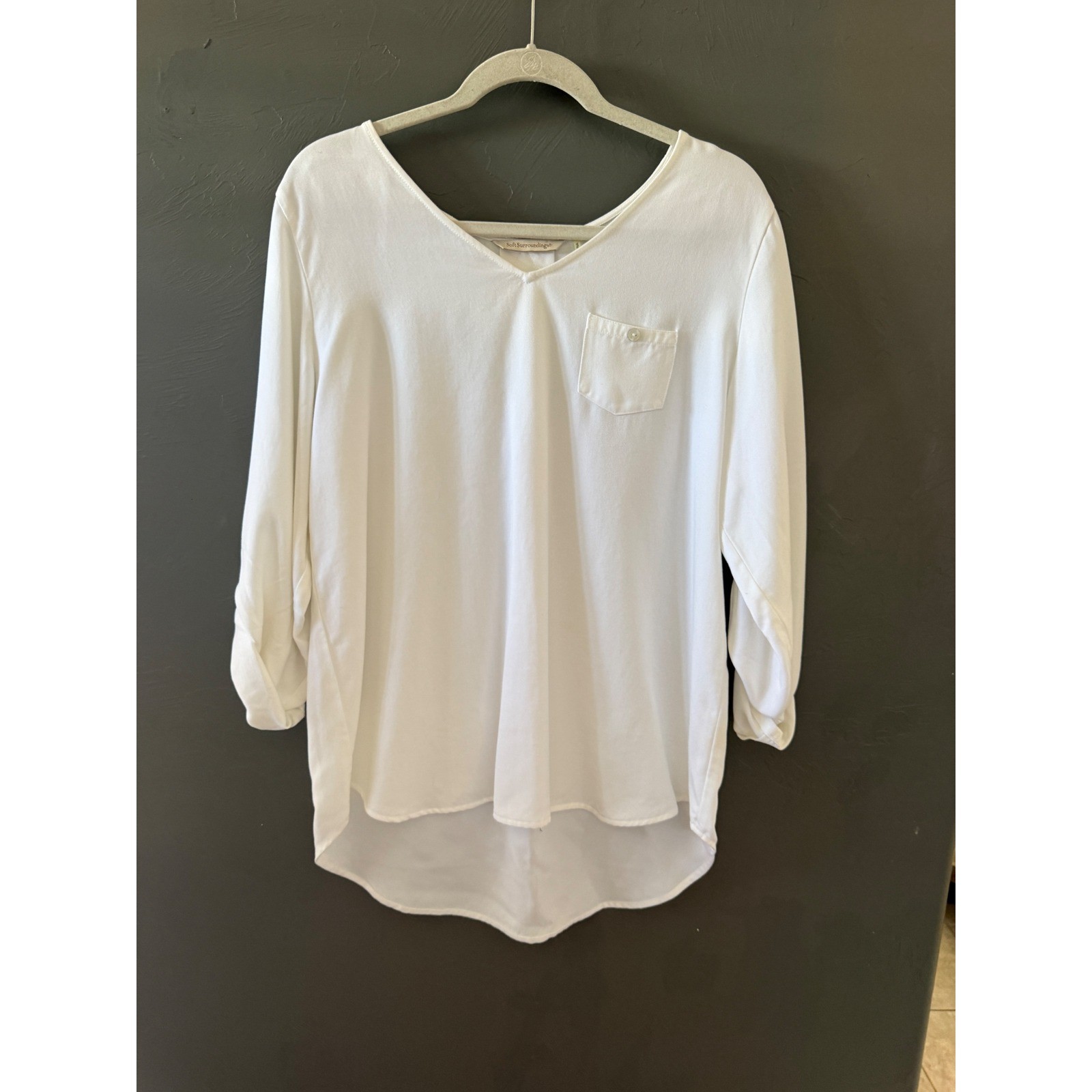 Soft Surroundings White Tencel Lyocell Roll Sleeve VNeck Blouse Top M Minimalist