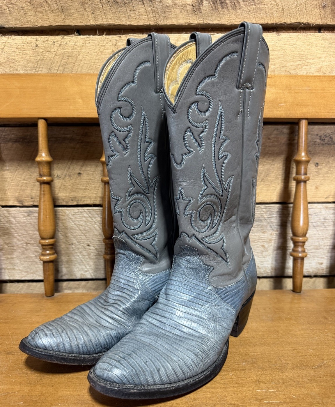 Vintage Justin Men Size 7 D Gray/Blue Teju Lizard Skin Cowboy Western Boots