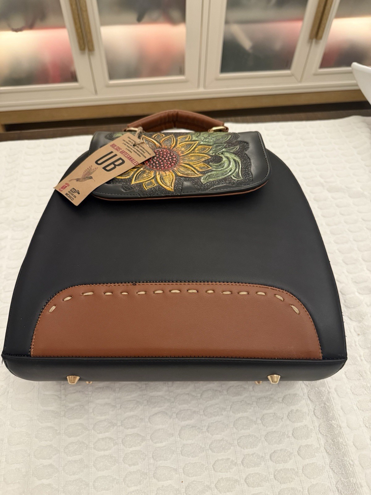 UB Black/Brown Sunflower Satchel Top Handle, Detachable Strap, Tassel Zip