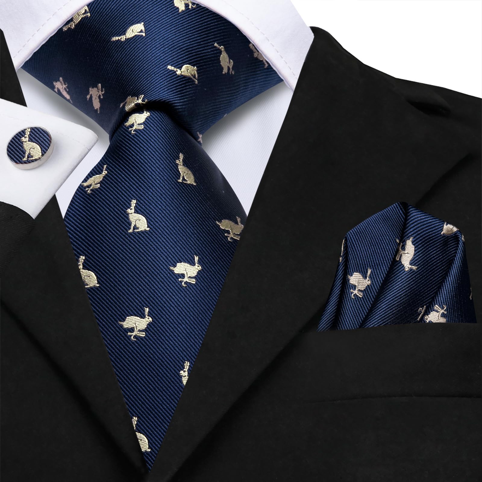 Easter Rabbits Ties for Men Dark Blue Silk Jacquard Funny Necktie Pocket Squa