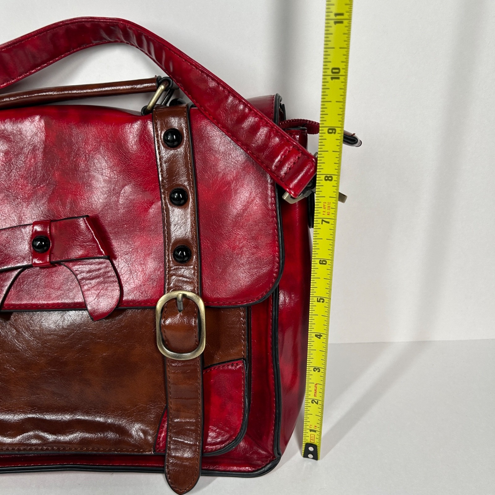 Ecosusi Messenger Bag Red Brown Faux PU Leather Bow Collegiate Crossbody Satchel
