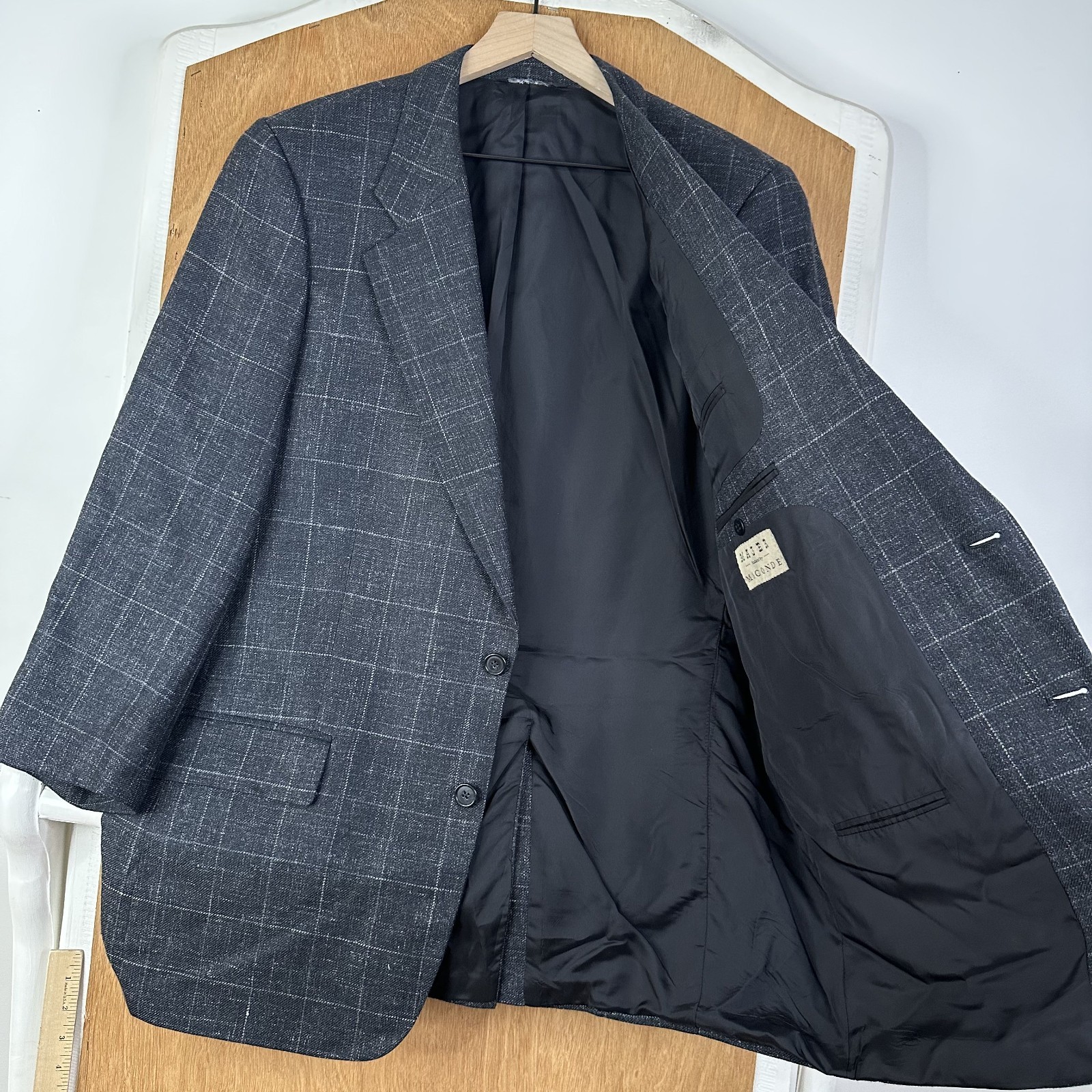 Majer Blazer Mens 44R Gray Windowpane 2 Button Silk Linen Wool Canvased Jacket