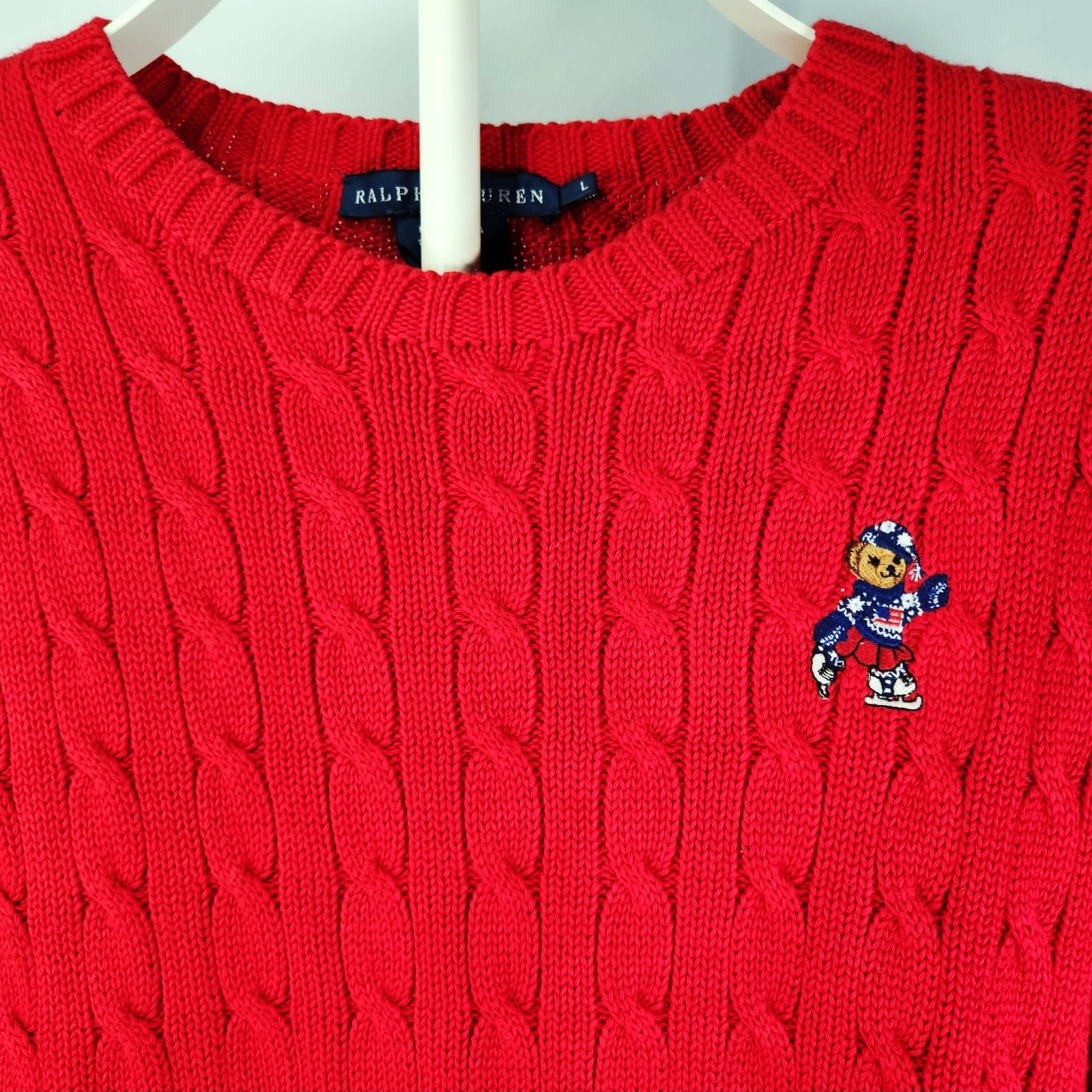 Vtg RARE New RALPH LAUREN Sz L Skating BEAR RL13 Red Cable Knit Cotton Sweater