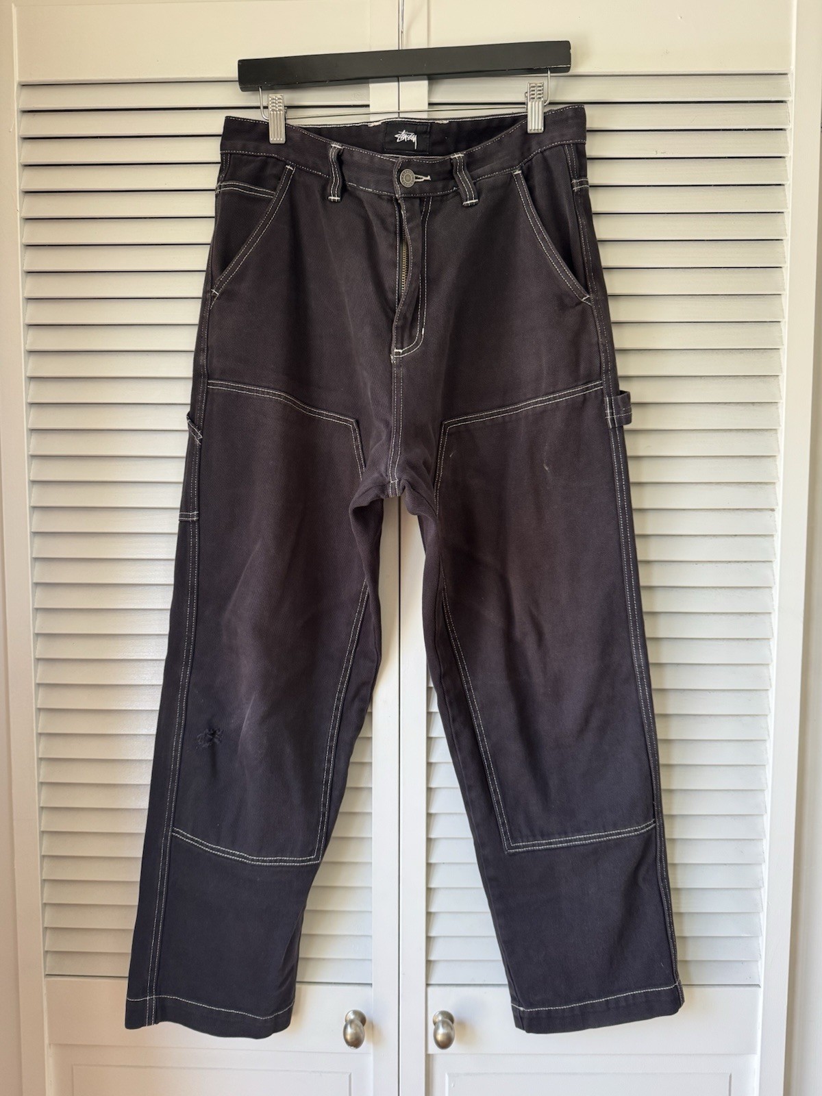 Stussy Carpenter Overdyed Work Pant 32 Black Denim Contrast Stitch Double Knee