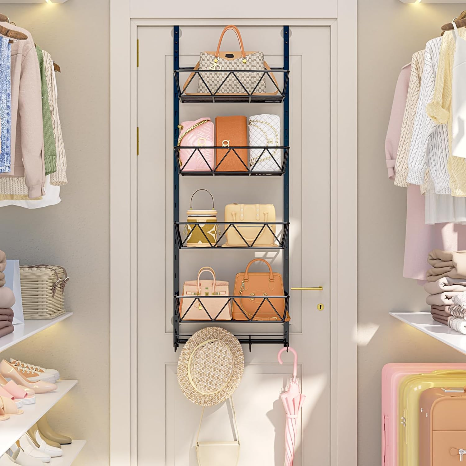 Purse Organizer Over The Door – 5 Tier Handbag Organizer with 4 Adjustable Metal