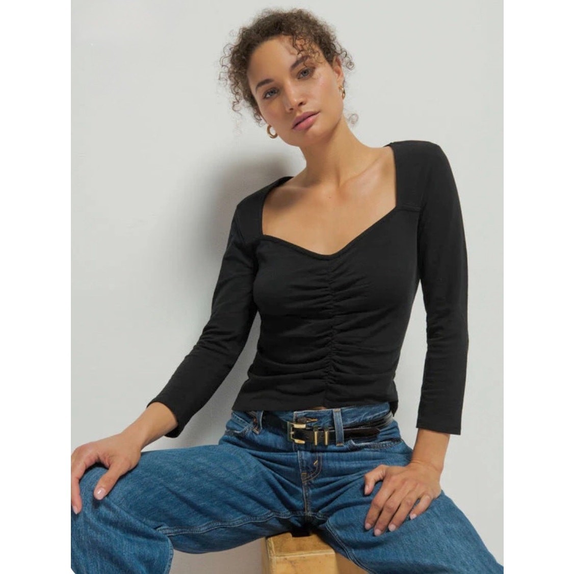 Nation Mikaela Top Jet Black Small Ruched Cotton Casual Closet Staple NEW