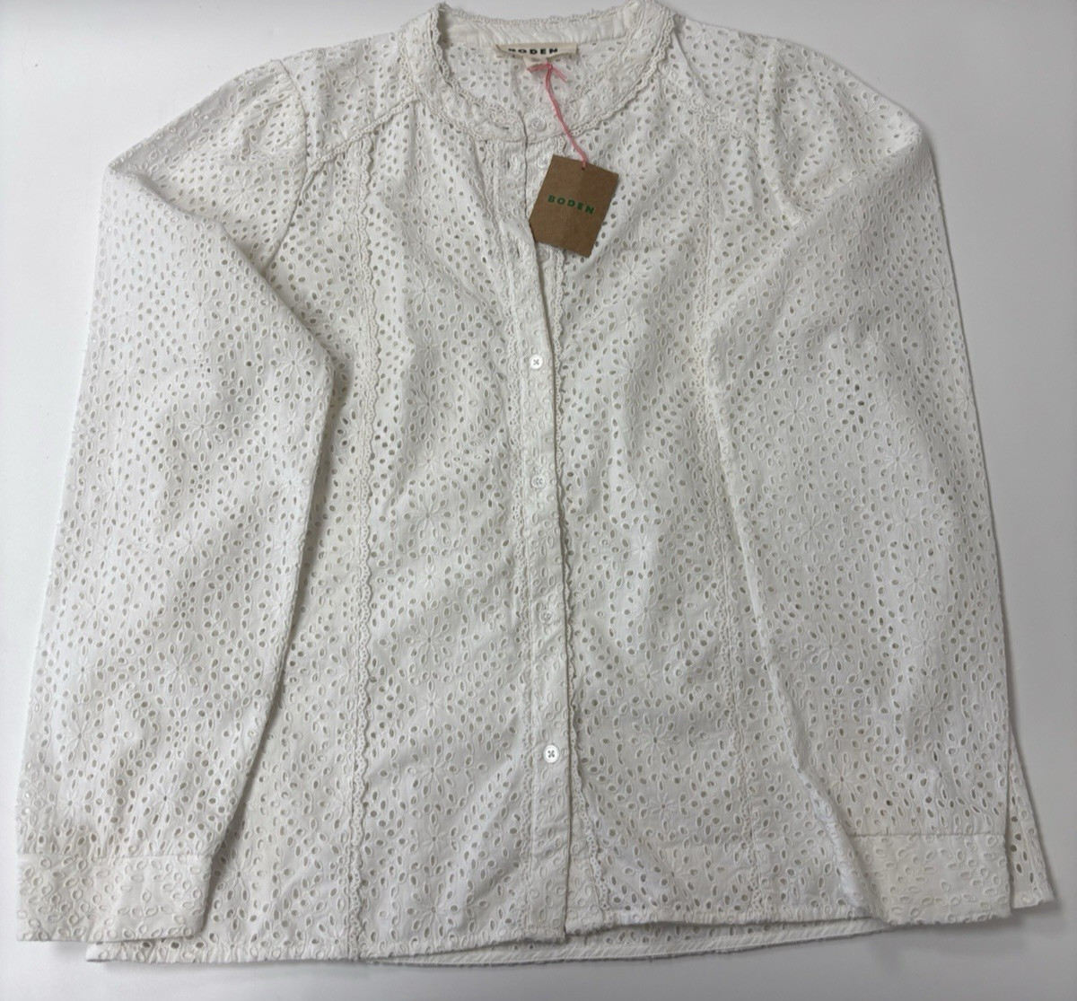 Boden White Eyelet Embroidered Cotton Blouse Women’s UK 12 US 8 Button Front