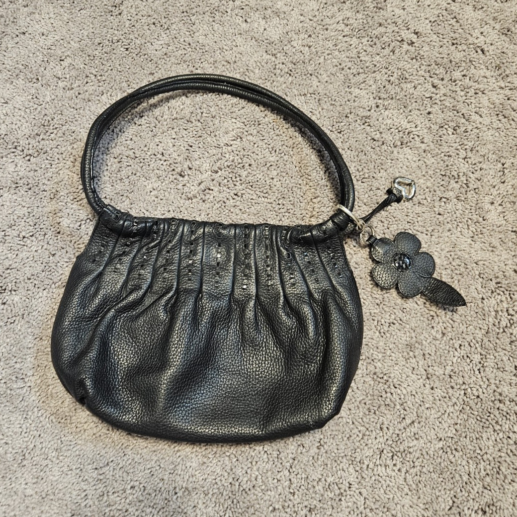 Brighton Black Pleated Shoulder Bag Silver Hardware Zip Flower Charm Pink Lined