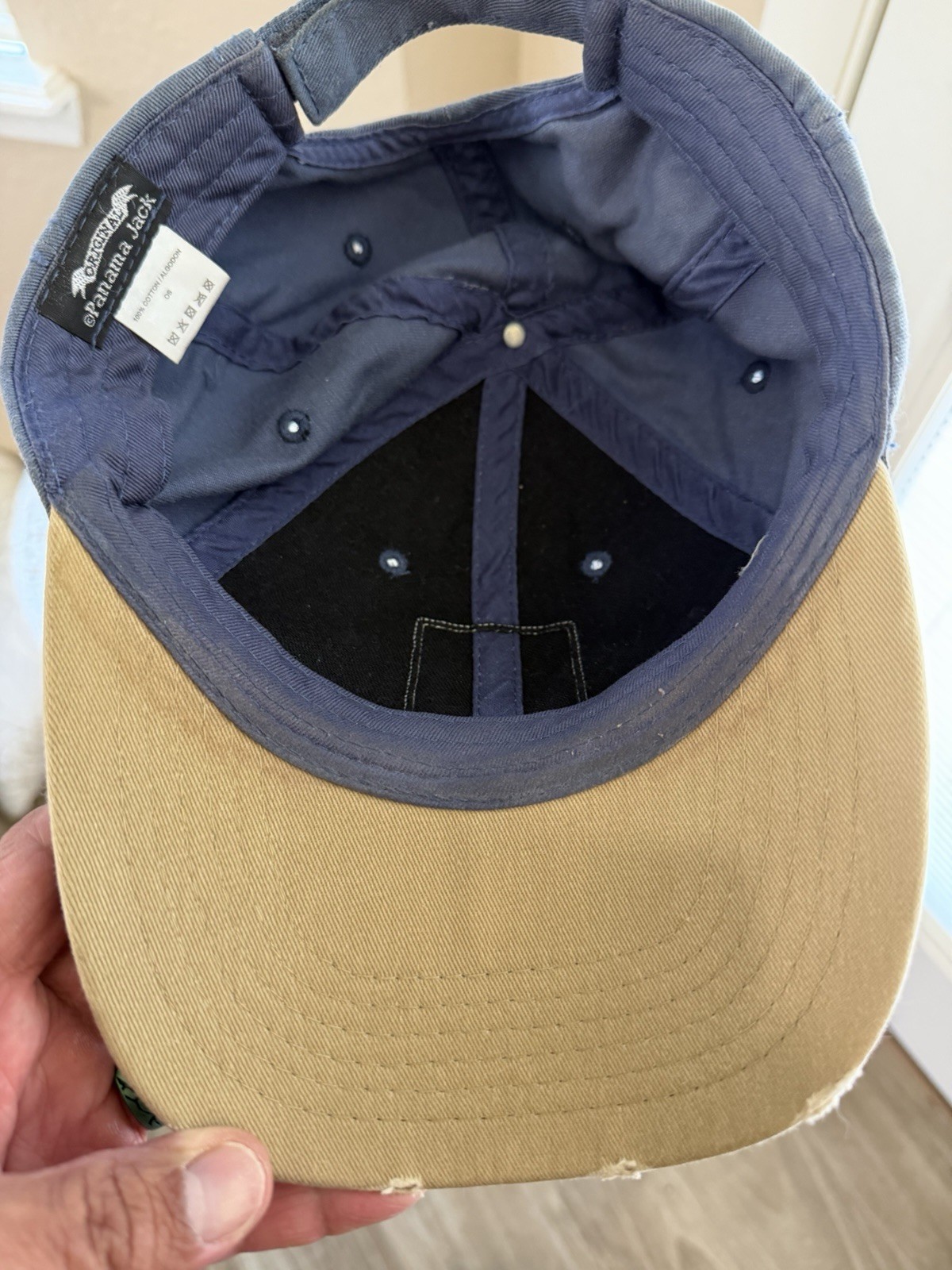 Vintage Panama Jack Blue Tan Strapback Hat Cap Hook Loop Closure Cotton OS