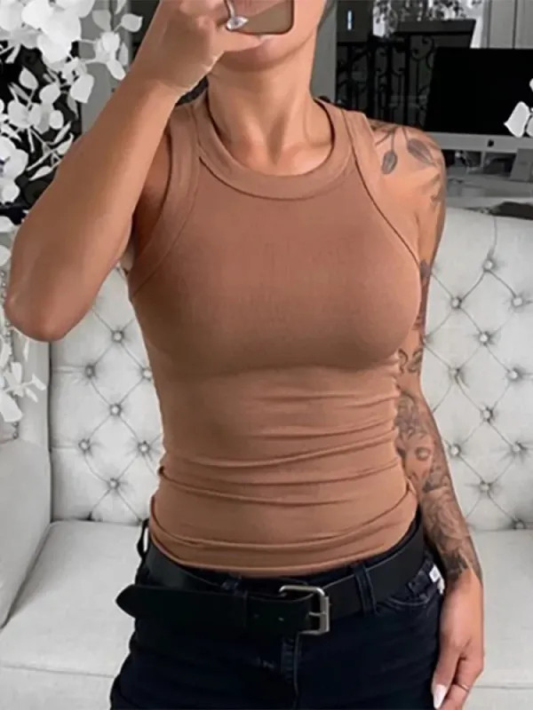 Women Solid Round Neck Ribbed Tank Top Camisole Women Summer Basic Elastic Tank