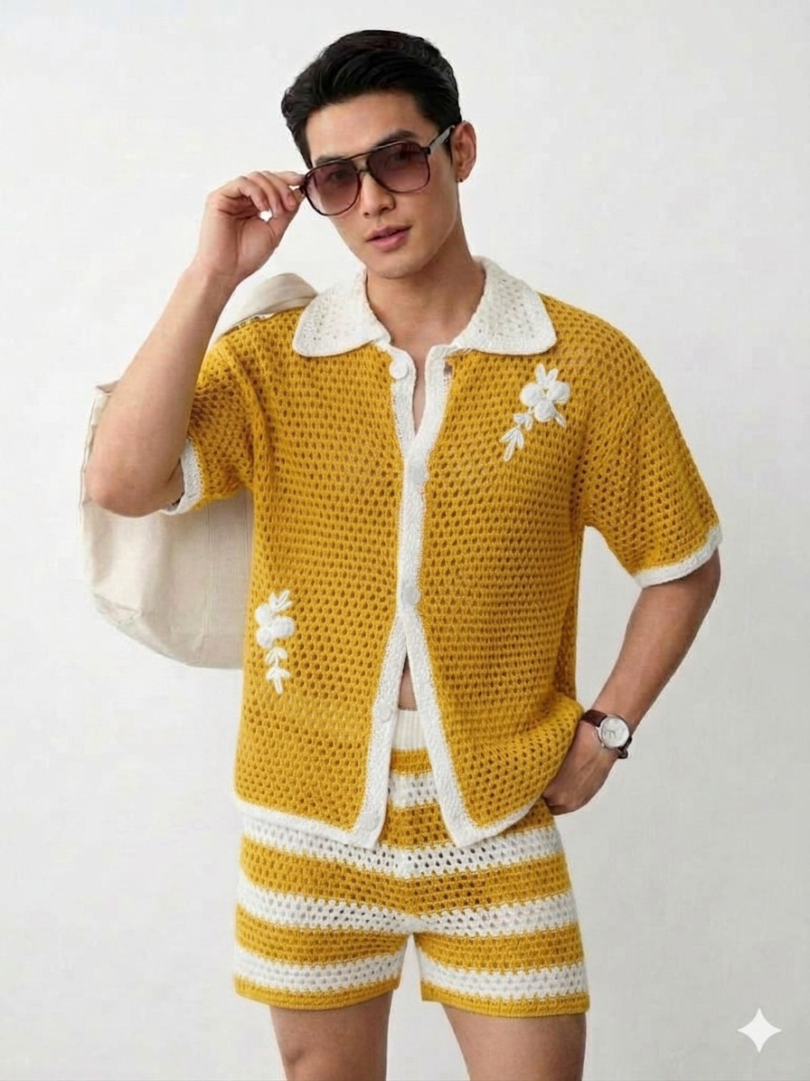 Handmade Resort Crochet Co-Ord Set Vintage Summer and Striped Matching Shorts