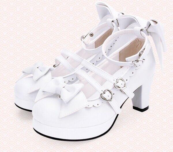 Lolita Women’s Mid Heel Cosplay Shoes Bowknot Platform Sweet Candy Shiny Leather